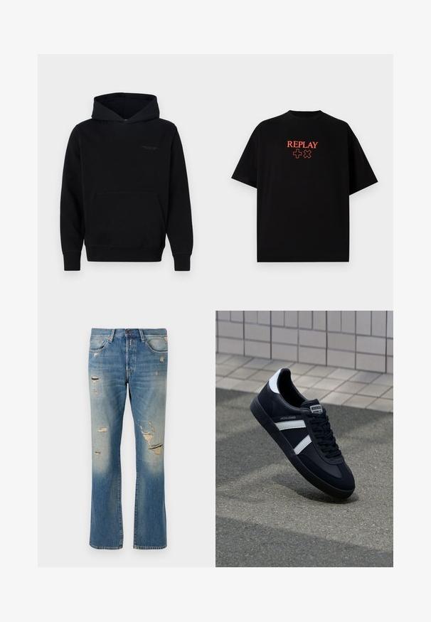 Must mustri nike, pehmeast kangast, ees on känguru tasku ja rinna peal peen bränding. Pikad varrukad ribakraega.; Must have lühikeste varrukatega must puuvillane T-särk, ümar kaelus, millel on keskelt rinnal punane "REPLAY" logo ja sümbolid.; Heledad sinine denimpüksid lõdva istuvusega, millel on kulumise detailid ja frayed lappide omadused, tavalise viie tasku disainiga ja nööbiga kinnitamine.; Must have musta sneaker musta valgete triipudega, tekstuurne kummitald ja nööridega esiosa. Omab bränditud märki keele peal.