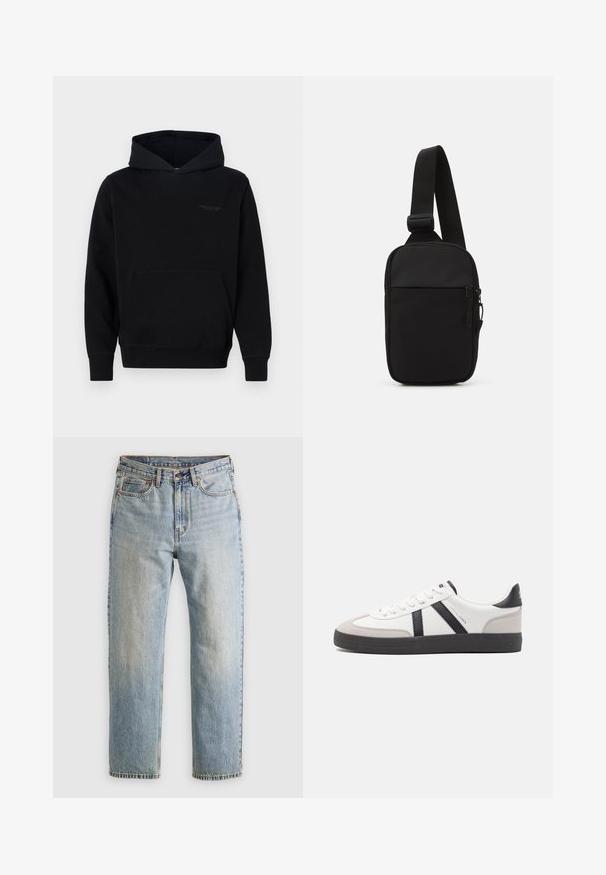 Must mustri nike, pehmeast kangast, ees on känguru tasku ja rinna peal peen bränding. Pikad varrukad ribakraega.; Heledad hele sinine teksapükste kõrge vöökoht, ees nupuga, lukuga ja viie taskuga disain, asetatud tasasele neutraalsele taustale.; Valged tossud mustade ja hallide aktsentidega, tekstureeritud halli varbakattega, musta kummitald ja lamedad valged paelad. Puhtad jooned, minimalistlik stiil.; Mustmust crossbody kott mustekangast, millel on üks reguleeritav rihm, lukuga põhiosas ja eesmine tasku.