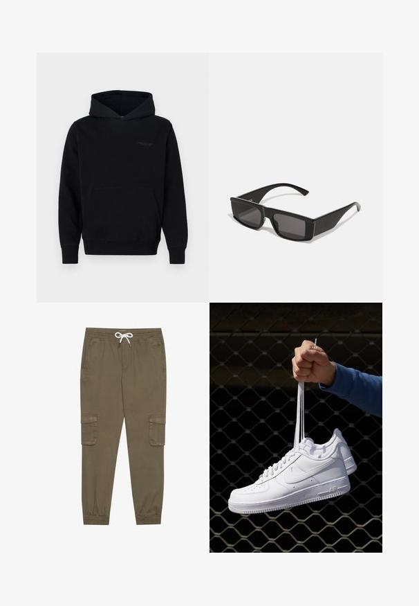 Sudadera con capucha negra hecha de una tela suave, con un bolsillo tipo canguro en la parte delantera y un logotipo sutil en el pecho. Mangas largas con puños acanalados.; Pantalones cargo caqui con cintura elástica y cordón, que cuentan con bolsillos laterales y tobillos ajustados. Fabricados en un material ligero y texturizado.; Zapatillas de cuero blanco con perforaciones, punta redonda, suela plana y cordones gruesos, con un logo de swoosh visible y "AIR" en el talón.; Gafas de sol negras con montura rectangular y lentes oscuros. Hechas de plástico brillante, presentan un diseño angular y patillas delgadas.