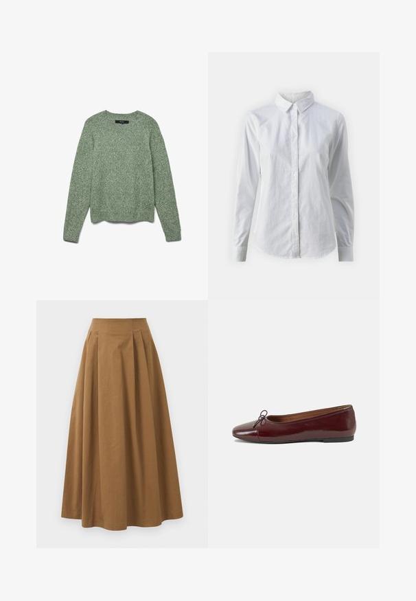 Maglione a maglia verde chiaro con texture, collo rotondo, maniche lunghe e bordo a coste. Presenta una vestibilità comoda e un motivo delicato su tutta la superficie.; Camicia bianca con bottoni, realizzata in cotone liscio, dotata di un colletto classico, maniche lunghe e orlo curvo. I bottoni sono piccoli e bianchi.; Gonna A-line in cotone marrone con vita alta, caratterizzata da pince sulla parte anteriore e una texture liscia. Le finiture dell'orlo sono pulite e semplici.; Ballerine in pelle verniciata bordeaux con punta arrotondata, piccolo fiocco decorativo sulla parte anteriore e suola bassa in gomma nera. Texture liscia.
