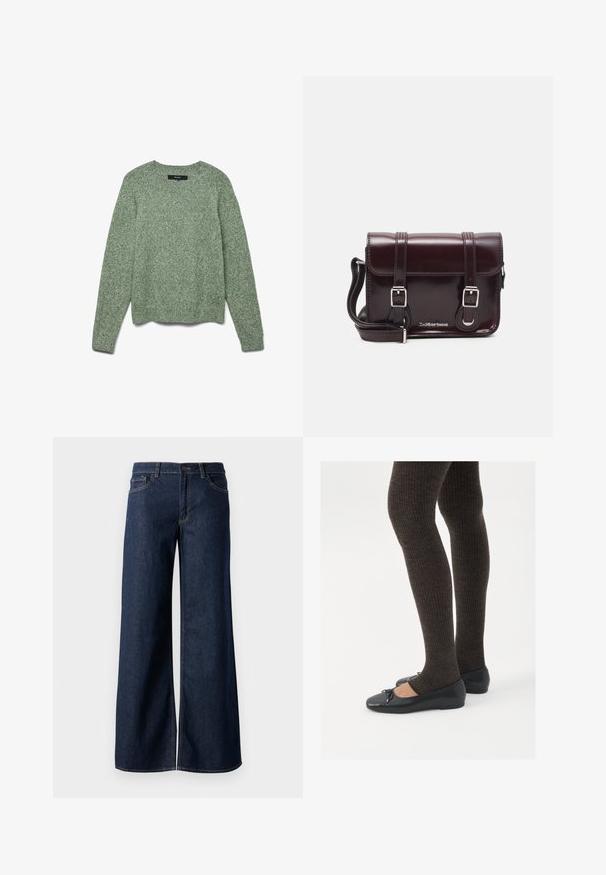Teksturowany, jasnozielony sweter dzianinowy z okrągłym dekoltem, długimi rękawami i ribbowym wykończeniem. Posiada luźny krój i delikatny wzór w całej powierzchni.; Jeansy z szerokimi nogawkami w ciemnoniebieskim denienie. Posiadają kontrastowe przeszycia, pięć kieszeni oraz zapięcie na guzik w talii. Gładka faktura.; Czarne płaskie buty z małym kokardkowym detalem na palcach, zestawione z ciemnobrązowymi rajstopami w prążki. Buty mają gładką teksturę i niski profil.; Bordowa torebka typu crossbody z lakierowanej skóry, w kształcie prostokąta, z dwiema rączkami, srebrnymi akcentami i zapięciem na klapkę.
