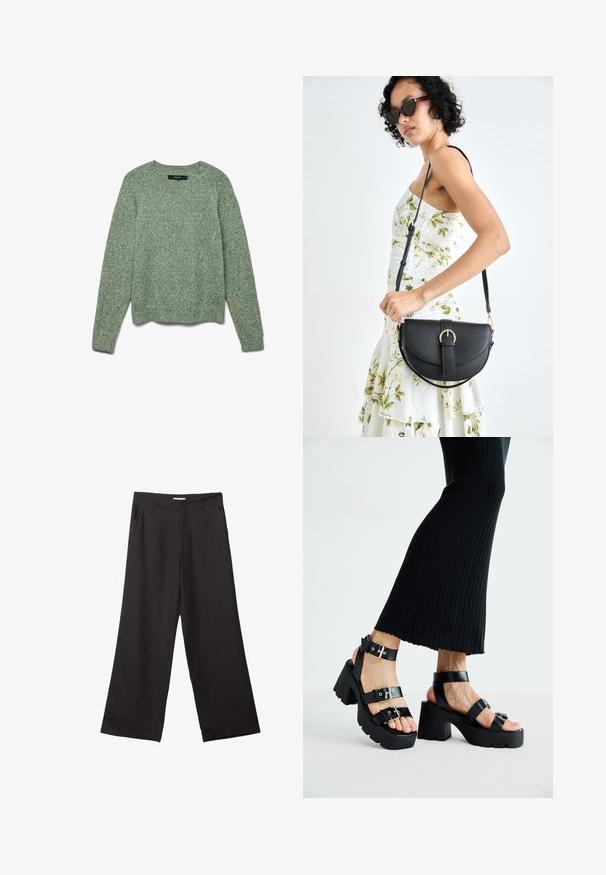 Nappalurine, kevyt vihreä neulepusero, jossa on pyöreä pääntie, pitkät hihat ja ribbireuna. Ominaisuuksina rento istuvuus ja hienovarainen kuviointi koko puserossa.; Mustat leveälahkeiset housut, jotka on valmistettu sileästä kankaasta. Niissä on edessä vetoketju ja kaksi sivutaskua, ja niiden muotoilu on räätälöity ja minimalistinen.; Mustat alustossut, joissa on paksut, uritetut pohjat ja useita hihnoja, varustettuna metallisilla soljilla ja sileällä nahkamaisten materiaalien pinnalla.; Musta nahkainen käsilaukku, joka on kaareva muotoilultaan, irrotettavalla hihnalla ja kultaisilla yksityiskohdilla. Laukussa on läppä, jossa on solk yksityiskohta.