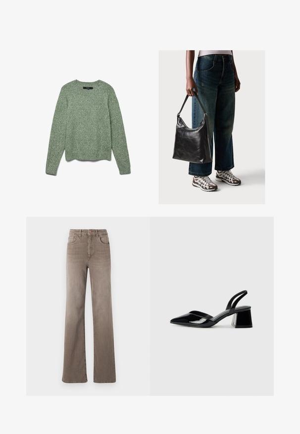 Suéter tricotado em verde claro, com textura, decote redondo, mangas longas e bainha canelada. Apresenta um corte descontraído e um padrão subtil por toda a peça.; Jeans castanhos de cintura alta, de perna reta, com botão frontal, passantes para cinto e design clássico de cinco bolsos em fundo branco.; Sandy em verniz preto com salto slingback, ponta afilada e salto geométrico. Apresenta um design elegante e minimalista com textura suave.; Bolsa de ombro em couro preto com textura suave e alça ajustável, combinada com jeans de perna larga desbotados e ténis desportivos.