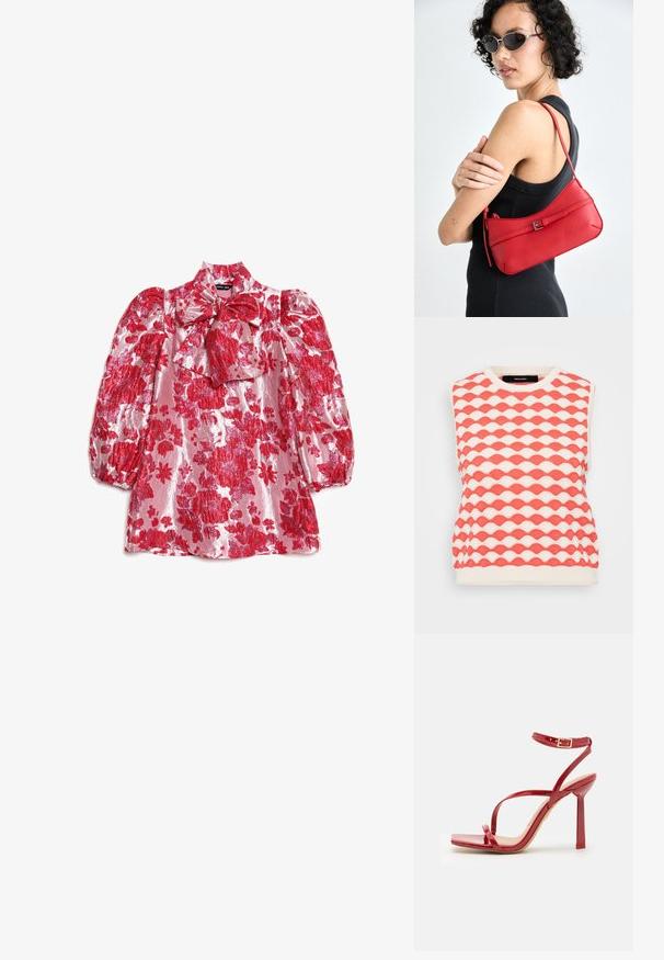 Knit sleeveless sweater featuring a wave pattern in coral and cream. Fabric has a textured finish with a round neckline.; Red floral blouse with puff sleeves, high neck, and bow detail. Made of shiny fabric with a pattern of large flowers on a pink background.; ALDO SCINTILLA - High heeled sandals - red; Red leather shoulder bag with a smooth texture, curved design, and a decorative buckle accent. Adjustable strap and zip closure.