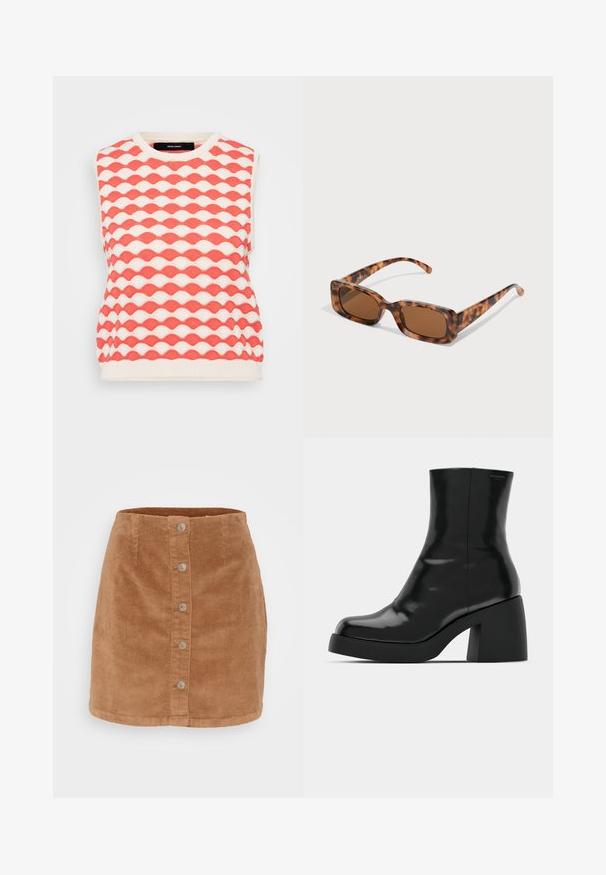 Strikket ermeløs genser med bølgemønster i korall og krem. Stoffet har en strukturert overflate med rund hals.; Tre langermede crop topper stablet, fargene hvit, beige og dempet teal, med runde halsåpninger på en lys grå bakgrunn.; Ribbes miniskjørt i lys brun med knappfront, syv sølvfargede knapper og teksturert, ribbet stoff.; Sorte ankelstøvler med en blank finish, kvadratisk tå og en tykk blokkheel. Designet har en sømløs silhuett og minimal merkevare.; Skilpadde-solbriller med rektangulære brune linser, en tykk ramme og smale stenger som har et mønster av varierende nyanser av brunt.