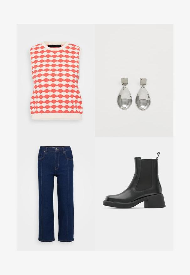 Stickad ärmlös tröja med ett vågmönster i korall och kräm. Tyget har en texturerad yta och en rund halsringning.; Mörkblå raka jeans med knappstängning, fram- och bakfickor samt synlig orange söm längs sömmarna.; Svarta läderankelstövlar med elastiska sidopaneler, rund tå och en kraftig klack. Slät textur med en minimalistisk design.; Silvriga droppörhängen med en kvadratisk stift, med en slät, polerad yta och en tårform, som reflekterar ljus med en glansig yta.