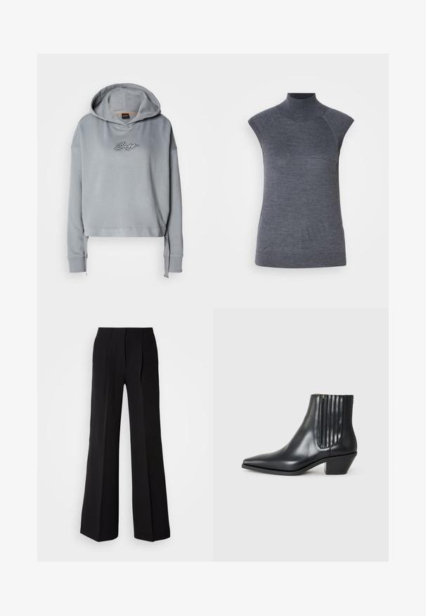 Grå kort hoodie med snörning i huven, med en texturerad logotypdesign i silver framtill. Mjuk tygkvalitet, avslappnad passform, ribbade ärmslut.; Grå ärmlös polokrage topp, figurnära passform, ribbad textur, mjukt material, har hög krage och stiliga axelöppningar.; Svarta byxor i slätt tyg med hög midja, vida ben och två framfickor för extra designdetaljer.; Svart läderankelboot med spetsig tå, elastiska sidopaneler med vertikala spår och en låg blockklack. Slät textur och stilren design.