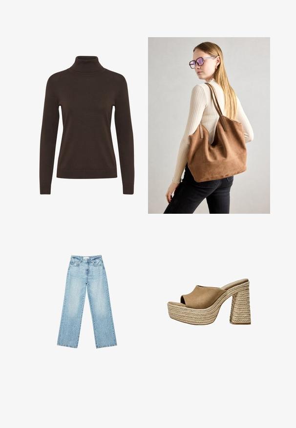 Rjav pulover z visokim ovratnikom, ki ima dolge rokave, prilegajoč dizajn in rebrasto teksturo okoli ovratnika in manšet.; Svjetloplave široke traperice s visokim strukom, s izblijedjelim pranjem i malim, raštrkanim oštećenjima po cijelom dijelu.; Rjave zamšaste platforme mule z odprtim prstom, ki imajo masiven pleteni juten peto in gladko, zaobljeno zgornjo zasnovo.; Rjava semišna torba z mehko teksturo, velikim odprtjem in dolgimi ročaji. Ima preprost dizajn z vidnim šivanjem in brez okovja.