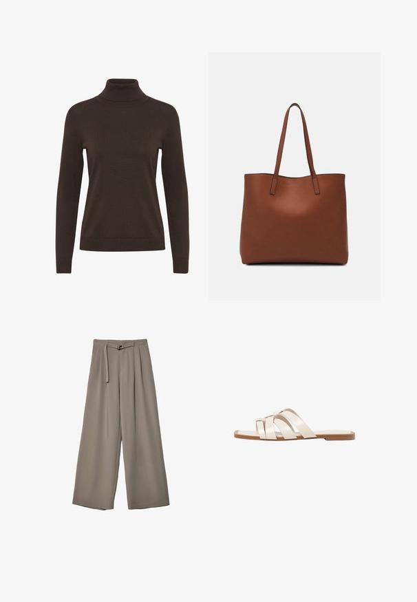 Brązowy sweter w golfie z długimi rękawami, dopasowanym krojem oraz prążkowaną fakturą przy kołnierzu i mankietach.; Spodnie o szerokich nogawkach w miękkim, stonowanym szarym materiale, z paskiem w talii i plisami dla dodania detali projektowych. Gładka tekstura, bez wzorów.; Płaskie sandały z brązową gumową podeszwą, zaprojektowane z trzema nakładającymi się na siebie białymi skórzanymi paskami i małym detalem w postaci kokardy na środku.; Brązowa skórzana torba tote o gładkiej fakturze, z otwartym wierzchem i dwoma ramiączkami. Charakteryzuje się minimalnym przeszyciem i brakiem widocznych elementów metalowych.