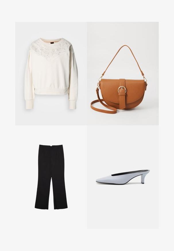 Witte sweatshirt met lange mouwen, voorzien van een geborduurd bloemmotief bij de schoudernaad, geribbelde manchetten en een relaxed fit.; Zwarte broek met een rechte pasvorm, voorzien van zijzakken en plooien aan de onderzijde. Gemaakt van zachte, gladde stof. Geschikt voor verschillende gelegenheden.; Lichtblauwe patentleren mule met een spitse neus, een lage doorzichtige hak, en een strak ontwerp met een uitsparing bij de vamp.; Bruine leren schoudertas met een gebogen vorm, gouden hardware en een gespaccent. Bevat een afneembare schouderriem.