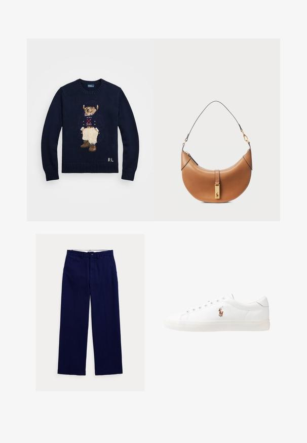 Polo Ralph Lauren POLO BEAR CREWNECK SWEATER - Džemperis - hunter navy multi; Tumši zilas taisnas kājas bikses ar jostas cilpām, priekšējo pogu aizdari un sānu kabatām, novietotas uz balta fona.; Baltas ādas sporta apavi, zema dizaina, ar gludu tekstūru, noapaļotu purngalu, ar auklēm priekšpusē un nelielu izšūtu logotipu sānos.; Brūnas ādas rokassomi ar izliekta formu, zeltīta aparatūra un plāns plecu siksniņš. Aprīkota ar rāvējslēdzēja aizdari un logo detaļu uz priekšpuses.