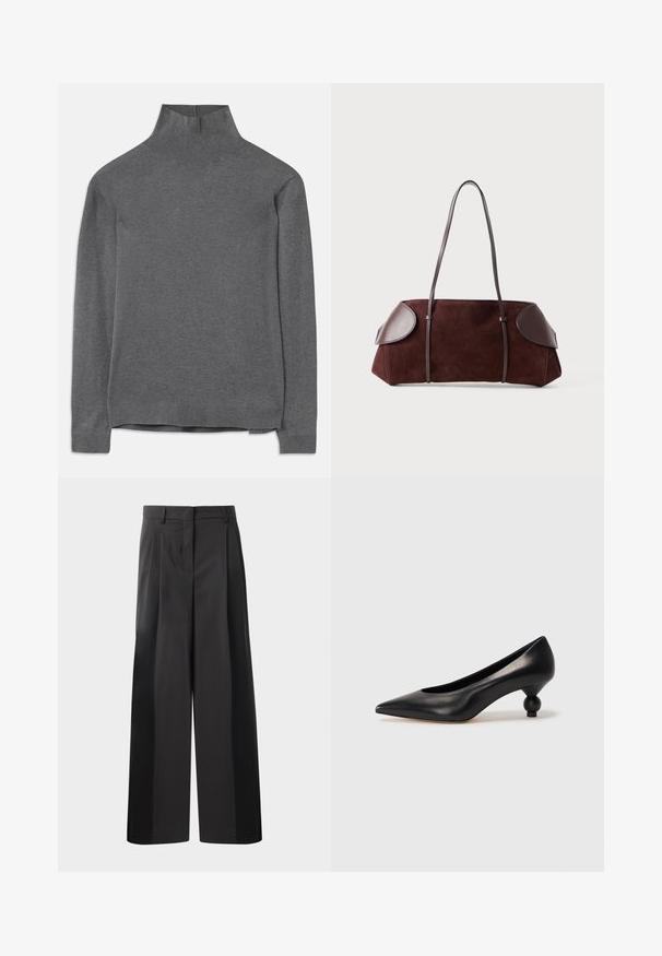 Grau gestrickter Pullover mit Stehkragen aus weichem Material, lange Ärmel, gerippter Hals und Saum sowie einem lockeren Schnitt. Glatter Textur und schlichtes Design.; Schwarze, weit geschnittene Hose mit hoher Taille, versehen mit Frontfalten, einer glatten Textur und einem maßgeschneiderten Finish. Entworfen für eine lockere Passform.; Schwarze Leder-Pumps mit spitzem Zehenbereich und runder, ballförmiger Ferse. Glatte Textur mit einem eleganten, minimalistischen Design.; Braune Wildledertasche mit Lederakzenten, strukturiertem Design, doppelten Schulterriemen und abgerundeten Kanten, ausgestattet mit einer glatten Textur und minimalem Hardware.