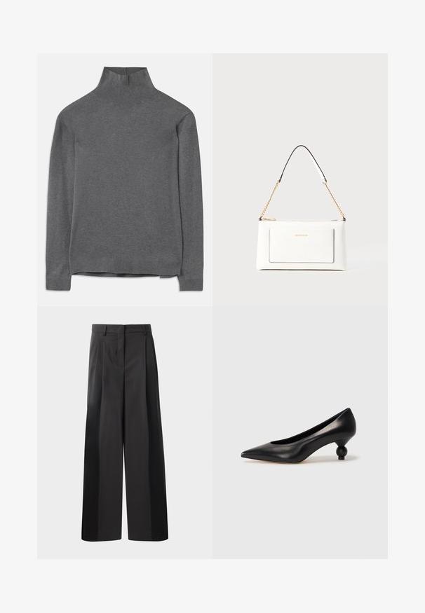 Szary sweter z golfem, wykonany z miękkiego materiału, z długimi rękawami, prążkowanym dekoltem i dołem oraz luźnym krojem. Gładka tekstura i prosty design.; Czarne szerokie spodnie z wysokim stanem, z przodu z fałdami, o gładkiej fakturze i dopasowanym wykończeniu. Zaprojektowane z myślą o luźnym kroju.; Czarna skórzana szpilka z ostrym czubkiem i okrągłym, kulistym obcasem. Gładka tekstura z eleganckim, minimalistycznym wzornictwem.; Biała skórzana torebka o teksturowanym wykończeniu, z złotą łańcuszkową rączką i czarnymi akcentami. Zawiera przednią kieszeń oraz zamek błyskawiczny.
