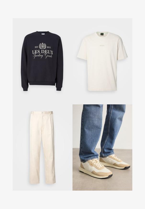 Navy blue sweatshirt made of cotton blend, features a crew neck, long sleeves, and a front graphic with "Les Deux Sporting Goods" in cream.; BOSS TEE - Basic T-shirt - open white; Beige cotton trousers with a straight-leg cut, featuring a button closure and pleats at the front for added detail.; Beige and cream sneakers with suede and mesh materials, featuring a textured sole and tonal accents, paired with blue denim jeans.