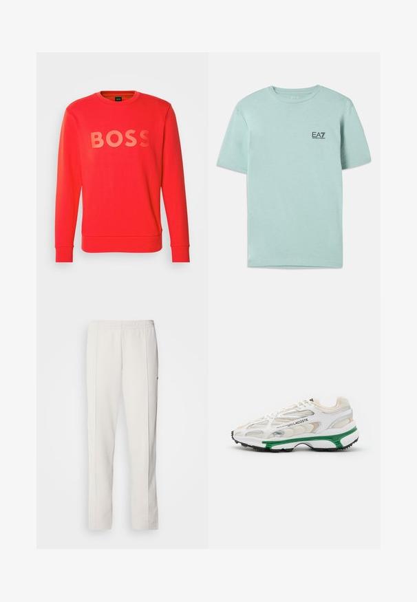 BOSS SALBO - Felpa - open red; T-shirt verde menta chiaro realizzata in cotone, con maniche corte e collo rotondo, dotata di un piccolo logo EA7 nero sul petto.; Lacoste Pantaloni sportivi - hammam; Sneaker bianco con accenti verdi e suola in gomma nera. Presenta pannelli in rete e sintetici, con una finitura testurizzata e cuciture visibili.