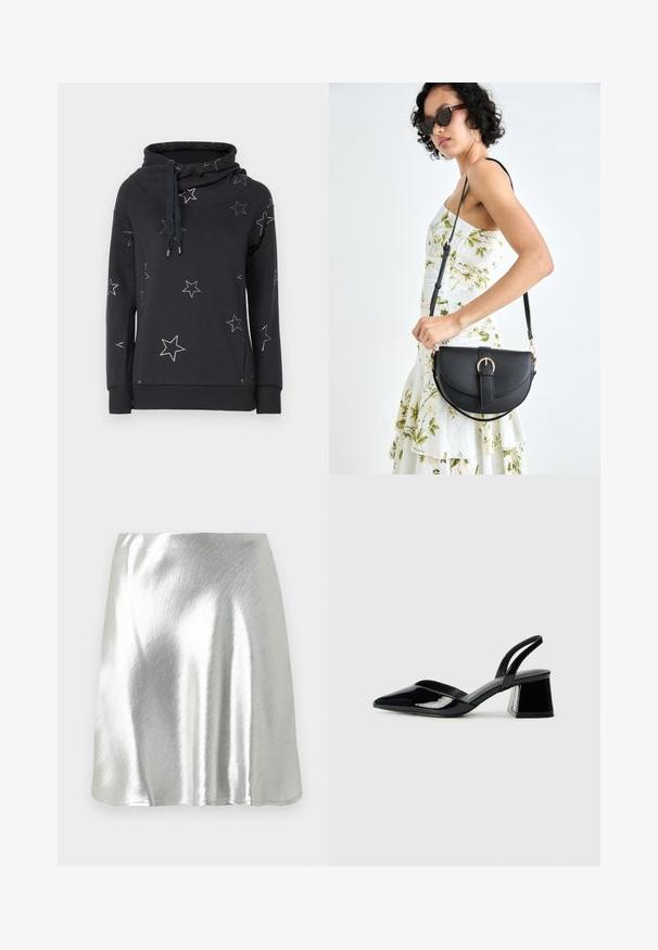 Tumši pelēks džemperis ar augstu apakšējo kaklu, kuru rotā balti zvaigžņu raksti visā virsmā un kakla daļā ir aukla.; Sudraba metāliska mini svārki ar gludu tekstūru un vieglu spīdumu. Raksturīgs izplešams dizains un vienkārša, tīra mala.; Melna lakota āda ar atvērto papēdi, ar smailu purngalu un ģeometrisku blokpapēdi. Iezīmējas elegants, minimāls dizains un gluda tekstūra.; Melnas ādas rokassoma ar izliekta formu, noņemamu siksnu un zelta aksesuāriem. Somai ir vāciņš ar sprādzes detaļu.; Sudraba divu joslu gredzens ar gludu, pulētu virsmu. Iezīmējas ar plūstošu, izliekta dizaina struktūru ar pārklājošām sekcijām modernam izskatam.