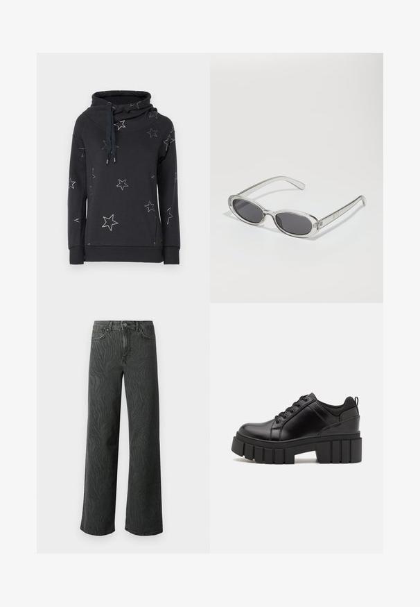 Felpa grigia scura con un alto collo a cowl, caratterizzata da motivi a stelle bianche su tutta la superficie e un cordoncino al collo.; Jeans a gamba larga in denim grigio scuro, con una sottile texture a zebra, cuciture a contrasto e design a cinque tasche con chiusura a bottone.; Scarpe platform in pelle nera con tacco a blocco robusto, punta rotonda e design tradizionale con lacci. Presentano una superficie liscia e dettagli minimi.; Occhiali da sole con forma ovale, montatura in plastica trasparente, lenti grigie scure e aste sottili trasparenti con accenti di logo e dettagli minimi.