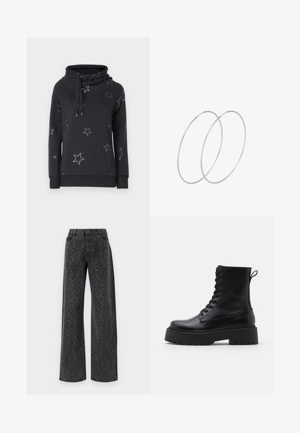 Ciemnoszara bluza z wysokim dekoltem w kształcie komina, zdobiona białymi gwiazdkami na powierzchni oraz sznurkiem do regulacji przy dekolcie.; Noisy May NMJANNEL czarny denim; Czarne skórzane botki za kostkę z okrągłym noskiem, sznurówką z przodu i grubą gumową podeszwą z teksturowanym bieżnikiem. Pętelka do zakładania z tyłu.; Srebrne kolczyki w formie obręczy o minimalistycznym designie. Okrągły kształt, gładka faktura i cienki profil. Lekkie, z polerowanym wykończeniem.