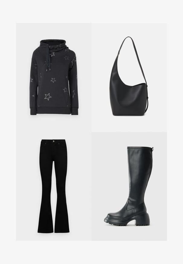 Sötét szürke pulóver magas gallérral, fehér csillagmintázattal az anyagon, és zsinórral a nyaknál.; Fekete, magas derekú farmernadrág gomb- és cipzárzárral, elülső zsebekkel és harangszárral, laposan egy fehér háttérre terítve.; Magas fekete bőrcipő, vastag platform talppal és blokk sarokkal, húzófüllel és texturált profillal az outsole-on.; Fekete bőr hobo táska sima textúrával, ívelt formával és egyetlen állítható pánttal; széles nyílás található a tetején.