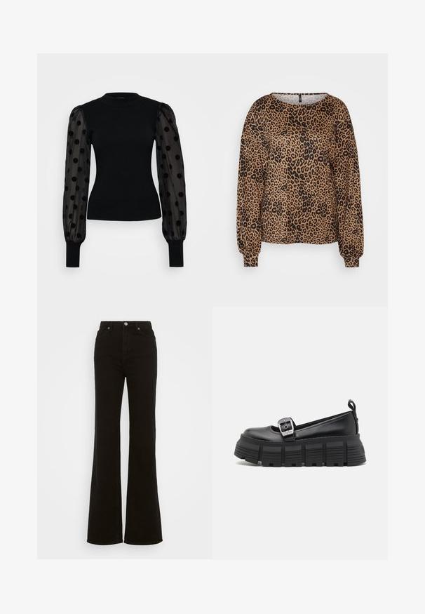 Black sweater with fitted ribbed bodice and transparent puff sleeves featuring black polka dots. Black knit cuffs complete the design.; Brown long-sleeve sweater featuring a black leopard print, wide neckline, and elasticized cuffs. Soft, textured fabric with a relaxed fit.; High-waisted black flared jeans made of denim, featuring a button closure, side pockets, and a smooth texture.; Black platform loafers with a rounded toe, smooth leather upper, adjustable buckle, and textured rubber sole featuring horizontal ridges.
