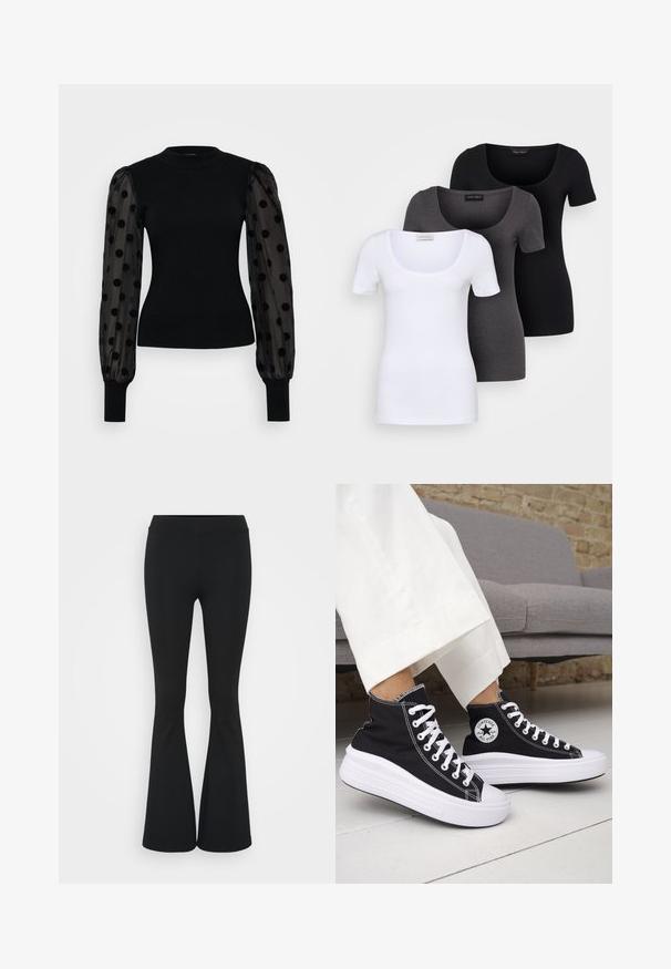 Maglione nero con bodice a coste aderente e maniche puff trasparenti con pois neri. I polsini in maglia nera completano il design.; Tre T-shirt aderenti in bianco, grigio e nero. Ognuna presenta un ampio scollo a barca e maniche corte. Realizzate in un tessuto morbido e elastico.; Pantaloni neri a zampa d'elefante realizzati in tessuto elasticizzato, con una vita alta e una superficie liscia. I pantaloni si allargano a partire dal ginocchio.; Sneakers nere alte con suole e lacci in gomma bianca. Presentano una toppa con logo rotondo e cuciture a contrasto bianche. Materiale in tela.