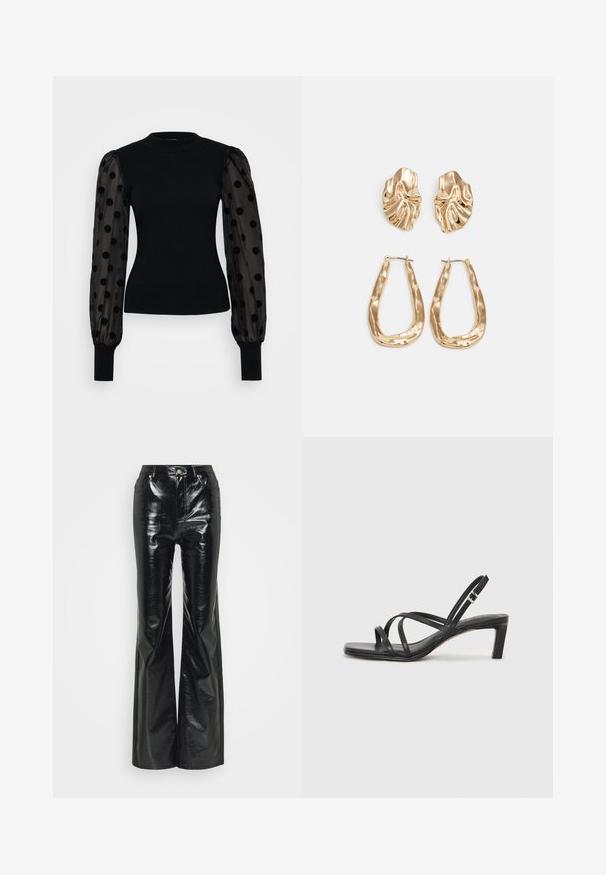 Pull noir avec un buste côtelé ajusté et des manches bouffantes transparentes ornées de pois noirs. Les poignets en tricot noir complètent le design.; Pantalons évasés en simili cuir noir avec une finition brillante, dotés d'une taille haute, de poches avant et de détails en métal argenté.; Sandale noire à lanières avec un bout carré et un petit talon bloc. Elle présente plusieurs fines lanières et une sangle de cheville ajustable. Fabriquée en cuir lisse.; Boucles d'oreilles dorées présentant des formes texturées et ondulées. Comprend des clips sculpturaux et un design de créoles ouvertes avec une finition martelée.
