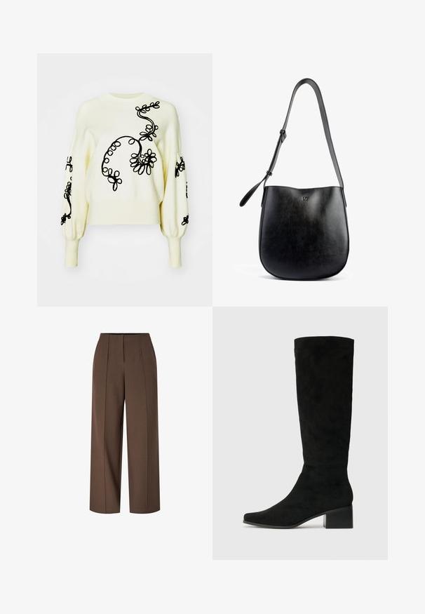 Grietas megztinis su juodais gėlių siuvinėjimais, apvaliu iškirpimu ir burbulinėmis rankovėmis. Minkšta tekstūra, laisvas kirpimas ir giliems rankogaliams.; Rudos aukšto juosmens plačios kojų kelnes su priekine raukšle ir paslėptu priekiniu užtrauktuku.; Kelnaičių aukščio juodi zomšiniai batai su smailiu nosiu ir masyviu kvadratiniu kulnu, pasižymintys lygiu paviršiumi ir minimalistiniu dizainu.; Juodas odinis rankinis krepšys su lygiu paviršiumi, lenkta forma, reguliuojama petneša ir subtiliai iškilminga logotipas priekyje.