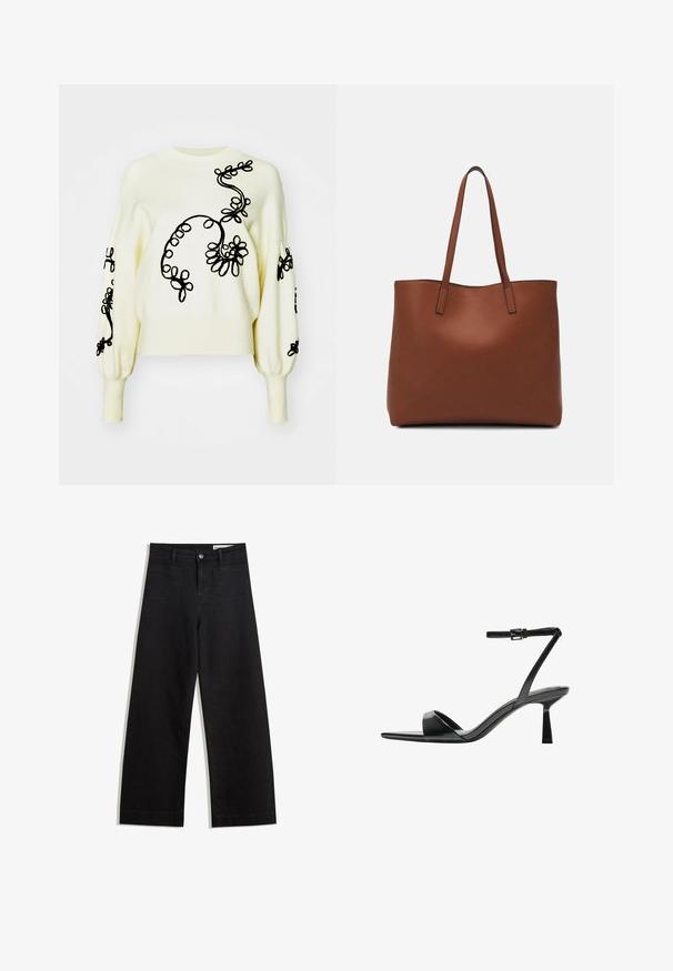 Cremfarbener Pullover mit schwarzer Blumenstickerei, rundem Halsausschnitt und Ballonärmeln. Weiche Textur, lässige Passform und gerippte Bündchen.; Schwarze weit geschnittene Jeans mit hoher Taille, ausgestattet mit Vorder- und Hintertaschen, gesteppten Nähten und einem Knopfverschluss. Glatte Textur.; Bershka High Heel Sandalette - black; Braune Leder-Tote mit glatter Textur, offenem Oberteil und zwei Schulterriemen. Verfügt über minimale Nähte und keine sichtbaren Beschläge.