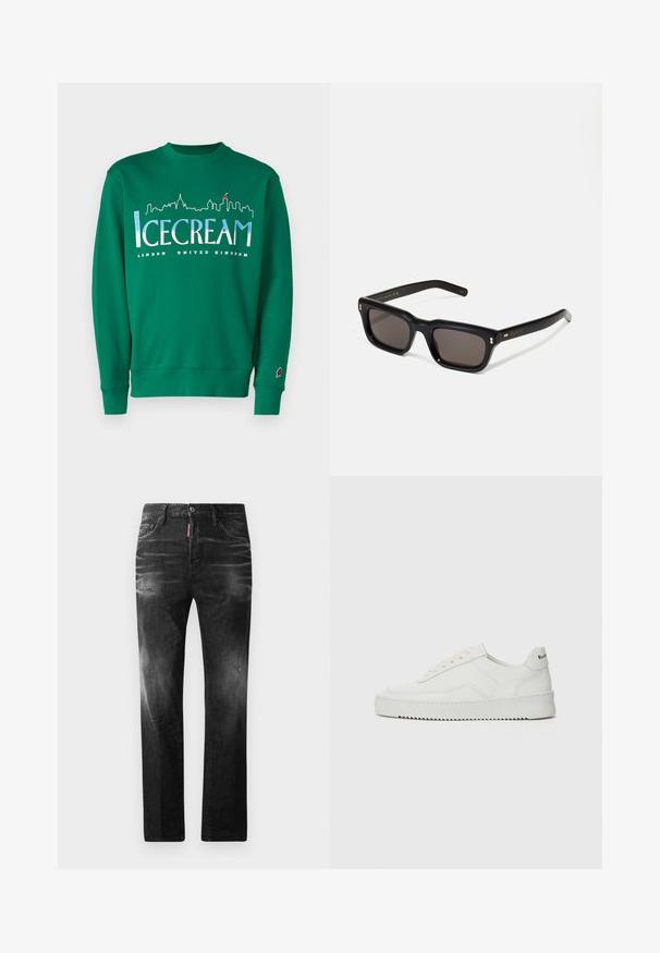 Zelený bavlněný svetr s grafikou městské scenérie. Text zní "ZMRZLINA" a "LONDÝN SPOJENÉ KRÁLOVSTVÍ." Na rukávu je logo kornoutu zmrzliny.; Icecream JUMBO RUNNING DOG - Triko s potiskem - black; Černé džíny z denimu se rovnými nohavicemi. Obsahují vybledlé oblasti, drobné poškození, klasický pětikapsový design a zapínání na knoflík.; Bílé kožené tenisky s hladkým povrchem, kulatou špičkou, plochými tkaničkami a texturovanou podrážkou. Na patě se nachází nenápadné logo.; Černé obdélníkové sluneční brýle s tmavými skly, silným plastovým rámem, zlatými akcenty na spáncích a vyrytým logem značky na nožičce.