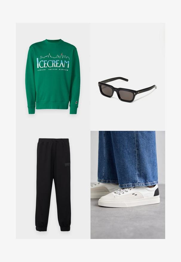 Grønn bomullsgenser med skyline-grafikk. Teksten leser "ISKREM" og "LONDON FORENDE KONGERIKET." Inkluderer iskremkjeglelogo på ermet.; Sorte joggebukser med elastisk midje og mansjetterte ankler, med side lommer og et teksturert logo-patch på øvre venstre bein.; Hvite og svarte joggesko med en glatt læroverdel, teksturerte detaljer og en kraftig hvit såle. Har en klassisk snøring.; Sorte rektangulære solbriller med mørke linser, tykk plastikkramme, gullaccenter på skulderpartiet og merkevarelogo gravert på armen.