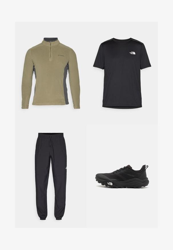 Soeppedest pullover oliivrohelises värvitoonis, tumehallide külje paneelidega, kraega ja esi-B zipperiga. Funktsiooniks on väike logo rinnas.; Must mustaöödiga must T-särk, mis on valmistatud kerge riidekanga. Esiküljel on vasakul rinnal väike valge logo ning õlgadel on peened aktsendid.; Mustavad sportlikud püksid, mis on valmistatud kergest kangast, joonlauaga taljest, küljetaskudega ja kitsenevate varrukatega pahkluude juures.; Must tume jooksujalats musta värvi, tekstuurse ülemise osaga, kummist tallaga ja tugevdatud varbaga. Omab pehmendusega krae ja tõmblinti mugavaks selga panemiseks.