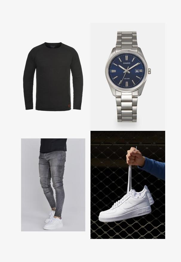 Sweatshirt noir à manches longues et col rond, fabriqué en tissu texturé, avec un petit patch de marque marron sur le côté inférieur droit.; Jeans skinny en denim gris délavé, présentant des détails déchirés au niveau des genoux, associés à des sneakers blanches. Texture lisse, design ajusté.; Baskets en cuir blanc avec perforations, à bout rond, semelle plate et lacets épais, arborant un logo swoosh visible et "AIR" sur le talon.; Montre-bracelet en acier inoxydable argenté avec un cadran bleu marine, des index métalliques et un affichage de la date à 3 heures. Résistante à l'eau jusqu'à 50 mètres.