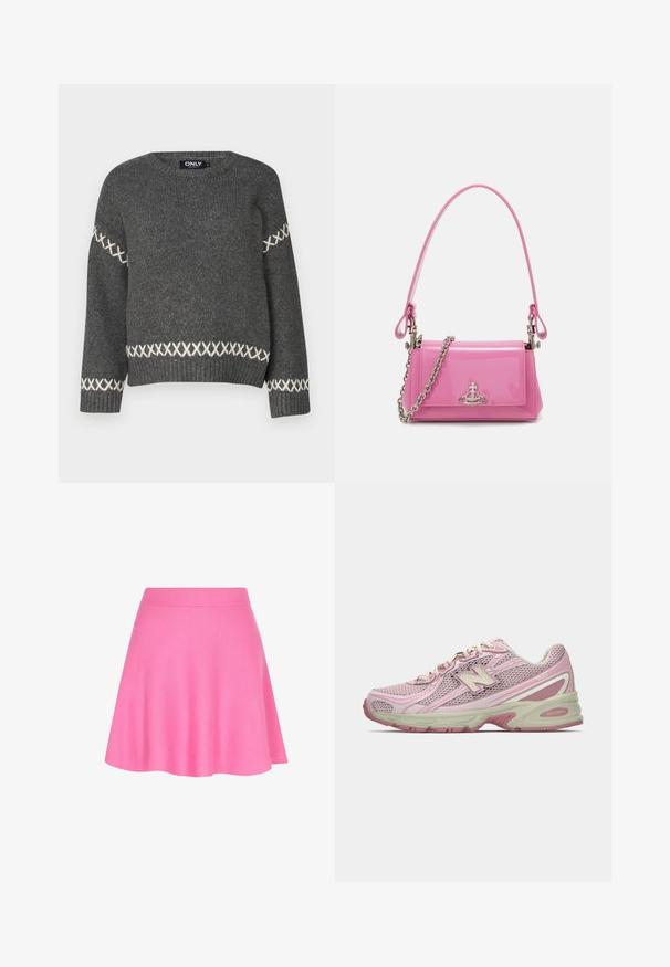 Tummanharmaa neulepaita, jossa on pyöreä kaulus ja valkoiset ristipistokoristelut hihoissa ja helmassa. Sileä pinta.; Vaaleanpunainen neulottu hame, jossa on istuva vyötärö ja levenevä muotoilu, valmistettu pehmeästä kankaasta, joka lisää sileää tekstuuria.; Vaaleanpunaiset ja beigeet New Balance 740 -lenkkarit, joissa on verkkokangas ja synteettinen päällinen, nauhakiinnitys ja pehmustettu pohja, esitettynä sivuprofiilissa.; Vaalea vaaleanpunainen lakattu nahkakäsilaukku, jossa on suorakulmainen muoto, irrotettava ketjun olkaimet ja hopeiset yksityiskohdat edessä.