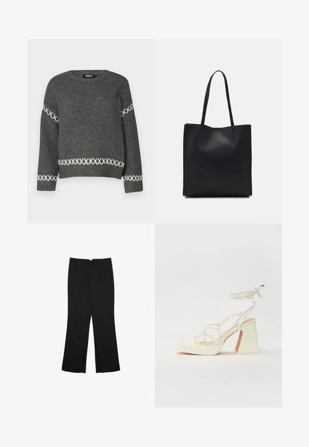 Tamno sivi pleteni pulover s okruglim izrezom, sa bijelim ukrasnim bodovima duž rukava i rubova. Glatka tekstura.; Crne hlače ravnog kroja, s prednjim džepovima i bočnim prorezima na rubu. Izrađene od mekog i glatkog materijala. Pogodne za razne prigode.; Bijela sandala na visokoj potpetici s debelim petom, s remenom i vezanjem oko gležnja. Glatka tekstura s platformom sprijeda za dodatnu visinu.; Crna kožna torba za nošenje s glatkom teksturom, pravokutnim oblikom i dvije duge ručke. Nema vidljivih metalnih dijelova ili ukrasa.