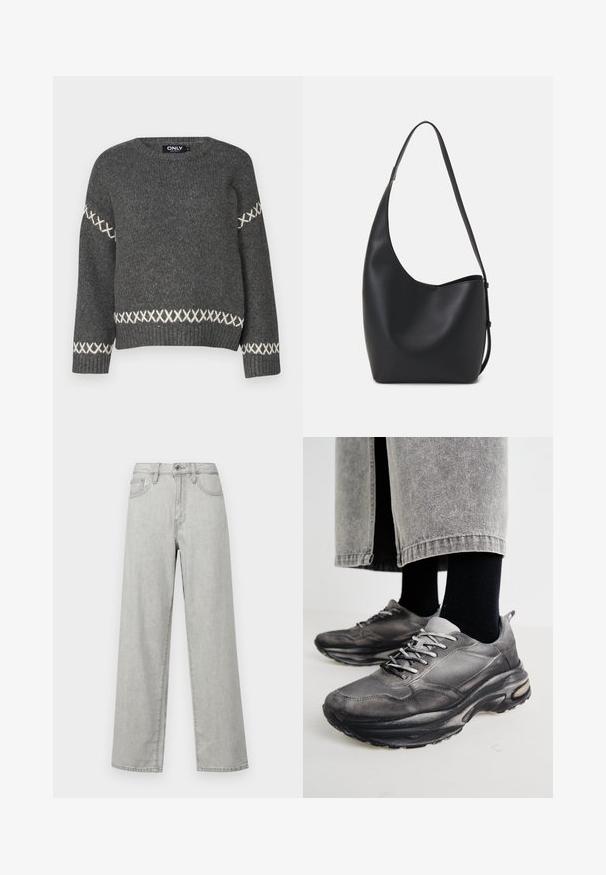 Dunkelgrauer gestrickter Pullover mit Rundhalsausschnitt, der weiße Kreuzstichakzente an den Ärmeln und am Saum aufweist. Glatte Textur.; Hellgraue, weit geschnittene Jeans aus Denim mit hoher Taille, Fronttaschen und einem Standardverschluss mit Knopf und Reißverschluss.; Schwarze und graue Sportschuhe verfügen über ein Obermaterial aus Mesh, dicke Sohlen und Schnürsenkel. Sie haben eine abgerundete Zehenpartie und sichtbare Dämpfungsdetails.; Schwarze Leder-Hobo-Tasche mit einer glatten Textur, geschwungener Form und einem einzelnen verstellbaren Tragegurt; verfügt über eine weite Öffnung am oberen Ende.
