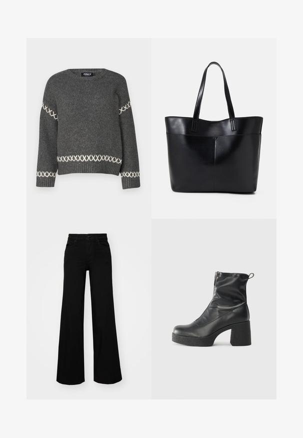 Mørkegrå strikket genser med rund hals, med hvite korsstingdetaljer langs ermene og kanten. Glatt tekstur.; Svart vide bukser laget av denim, med en strukturert midjebånd, beltestropper og frontlommer. Glatt tekstur med et klassisk design.; Svarte ankelstøvler laget av glatt lær, med glidelås på siden, chunky strukturert hæl, og rund tå-design.; Svart lær toteveske med to lange håndtak, en glatt tekstur og en strukturert form. Har en frontlomme for ekstra oppbevaring.