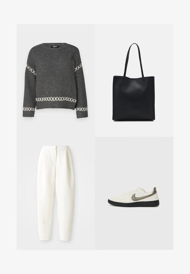 Donkergrijze gebreide trui met ronde hals, voorzien van witte kruissteekaccenten langs de mouwen en de zoom. Soepele textuur.; Hoog-waisted witte tapered broek met een verborgen sluiting aan de voorkant en zijzakken, weergegeven tegen een effen witte achtergrond.; Nike Sportswear FIELD GENERAL - Sneakers laag - off-white/black; Zwarte leren handtas met een gladde textuur, rechthoekige vorm en twee lange handvaten. Geen zichtbare hardware of versieringen.