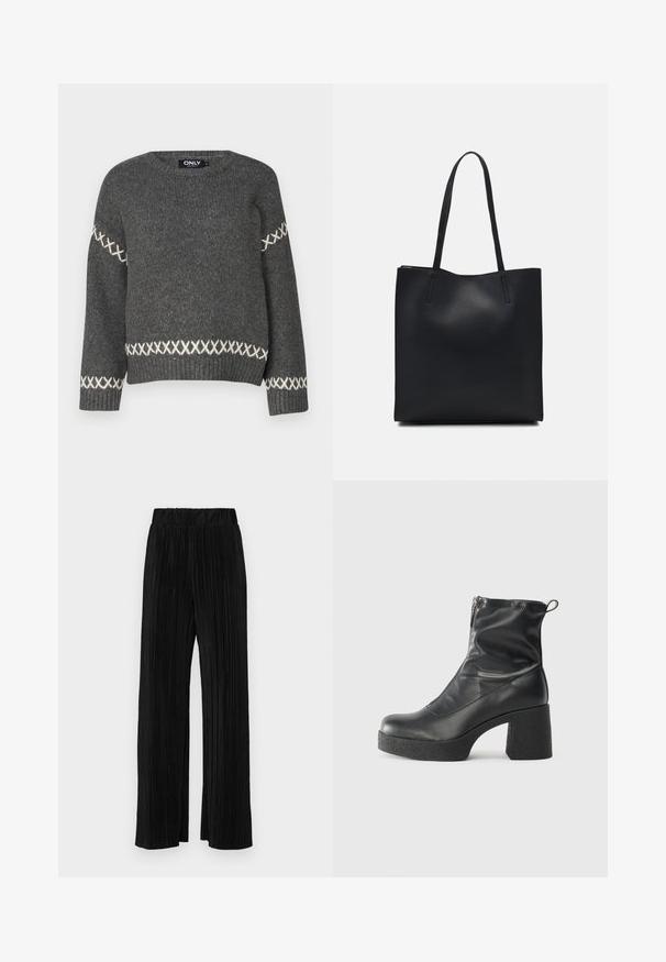 Sötét szürke kötött pulóver kerek nyakkal, fehér keresztszemes díszítéssel a ujjakon és az alján. Sima textúra.; Fekete pliszírozott nadrág gumis derekkal. Széles lábakkal rendelkezik, sima, texturált anyagból készült, függőleges csíkokkal.; Fekete bokacsizmák sima bőrből, oldalsó cipzárral, vastag, texturált sarkú és lekerekített orrú dizájnnal.; Fekete bőrtáska sima felszínnel, téglalap alakú, két hosszú füllel. Nincs látható fémkiegészítő vagy díszítés.