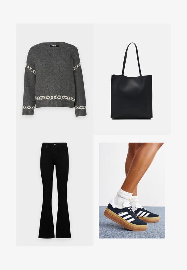 Tmavě šedý pletený svetr s kulatým výstřihem, který má bílé křížové stehy na rukávech a lemu. Hladká textura.; Černé vysoké džíny s knoflíkem a zipovým zapínáním, předními kapsami a rozšířenými nohavicemi, ležící na bílé podložce.; Černé semišové tenisky s bílými pruhy a detaily, zaoblenou špičkou, podrážkou z gumy barvy žvýkačky, doplněné bílými žebrovanými ponožkami ke kotníkům.; Černá kožená taška přes rameno s hladkým povrchem, obdélníkovým tvarem a dvěma dlouhými uchy. Žádné viditelné kování ani ozdoby.