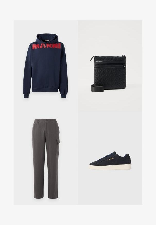 Mörkblå hoodie i bomull med ett rött penseldragstryck av ordet "MARNI" över bröstet, med avslappnad passform och kängurufickor.; Grå byxor med avslappnad passform, tillverkade av ett slätt tyg. Har knappstängning, sidofickor och en cargoficka på benet.; Mörkblå mocka låga sneakers med vit sula, mörkblå snören och "Filling Pieces"-logotyp i guld på sidan.; Svart nylonaxelväska med präglad logotyp, ficka med dragkedja och justerbar axelrem. Har en texturerad yta och minimalistisk design.