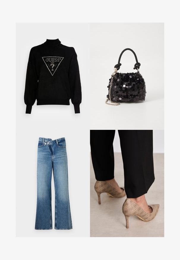 Fekete pulóver, magas gallérral, laza fazonnal és bordázott mandzsettával. Középen háromszög alakú logó fémes díszítéssel.; Világoskék, harang szabású farmernadrág magas derékkal, két gombbal és elülső zsebekkel. Az anyag megjelenése kopott, apró eltérésekkel.; Beige magassarkú cipők texturált anyagból, ismétlődő mintával. Hegyes orrú kialakítás, hátsó díszítéssel és arany sarkú részlettel.; Fekete flitteres mini kézitáska csomózott textúrájú pánttal és ezüst lánccal. Lekerekített forma, ráncolt tetejével és fényvisszaverő részletekkel.