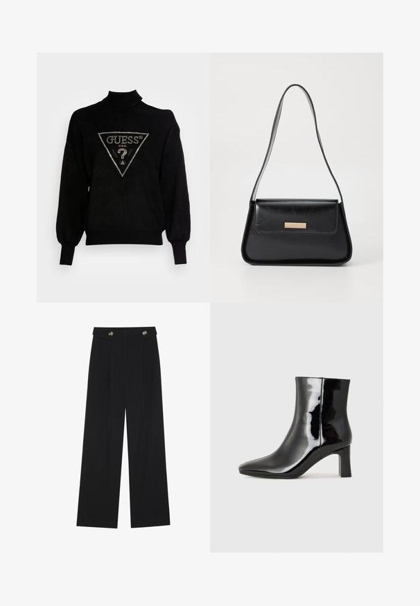 Pull em malha preto com gola alta, corte solto e punhos canelados. Apresenta um logótipo triangular com detalhes metálicos ao centro.; Calças largas pretas com cintura alta, detalhes em botão na cintura e pregas frontais.; Botim de tornozelo em pele sintética preta com bico apontado e salto bloco de altura média. Textura suave e design minimalista.; Bolsa de couro preta com uma forma triangular estruturada, alça fina e metalização dourada, apresentando uma placa de logotipo no flap frontal.