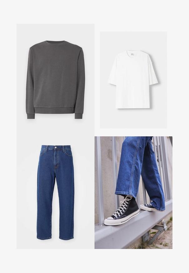 Gray sweatshirt made of soft cotton blend fabric, featuring a round neck, long sleeves, and ribbed cuffs and hem. Smooth texture, no patterns.; White short-sleeved t-shirt made from cotton, featuring a round neckline and a relaxed fit. Smooth texture, with no visible patterns or accents.; High-waisted blue jeans made of denim, featuring a straight leg silhouette, visible stitching, and a front button closure.; Black high-top sneakers with white sole and laces, paired with loose blue denim jeans, resting on a gray railing.