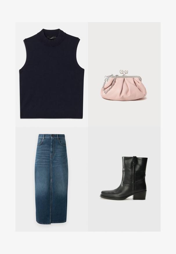 Tengerészeti ujjatlan pulóver magas bordás gallérral, sima textúrával és bordázott aljjal. Egyszerű, minimalista dizájn, minták nélkül.; Sötét indigókék farmer midi szoknya, elülső hasítékkal és enyhe kopással. Klasszikus öt zsebes dizájn fém gombos záródással.; Fekete bőr bokacsizma lekerekített orral, blokk sarkúval, oldalsó cipzárral és varrásos díszítéssel az elején. Simább textúra, klasszikus dizájn.; Rózsaszín bőr clutch táska gyűrt dizájnnal, fém kerettel, két kerek csattal és ezüst lánccal. Sima textúrájú, kompakt formájú.