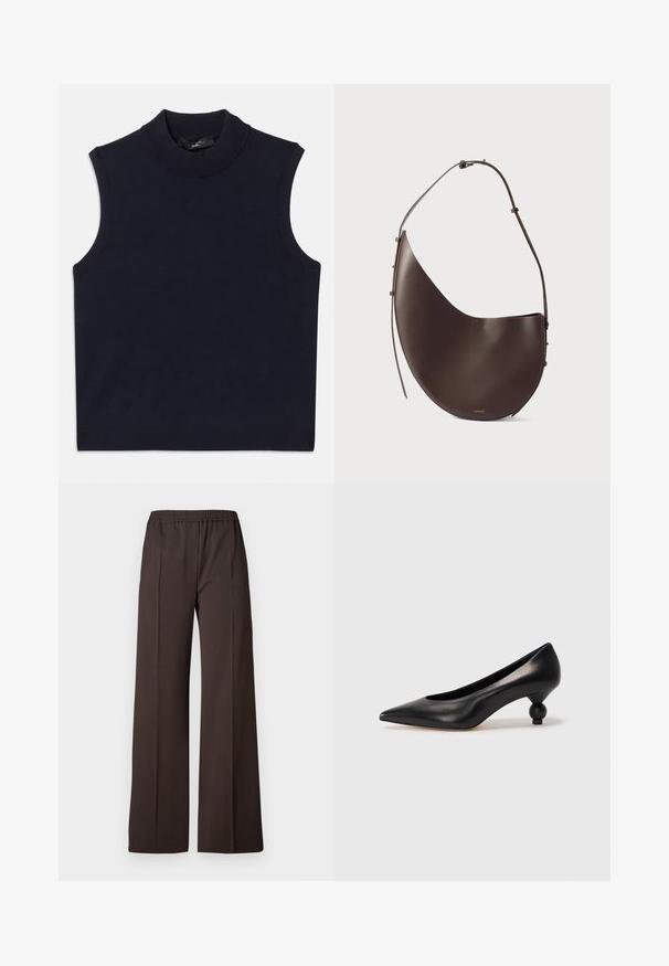 Marinefarbener ärmelloser Pullover mit hohem geripptem Kragen, glatter Struktur und geripptem Saum. Schlichtes, minimalistisches Design ohne Muster.; Weite Hosen aus dunkelbraunem Stoff mit einem elastischen Taillenbund, die eine glatte Textur und klare Linien für einen eleganten Look aufweisen.; Schwarze Leder-Pumps mit spitzem Zehenbereich und runder, ballförmiger Ferse. Glatte Textur mit einem eleganten, minimalistischen Design.; Braune Lederhandtasche mit geschwungener Form, einem Schulterriemen und minimalistischem Design. Verfügt über ein dezentes Logo und goldene Hardware-Akzente.
