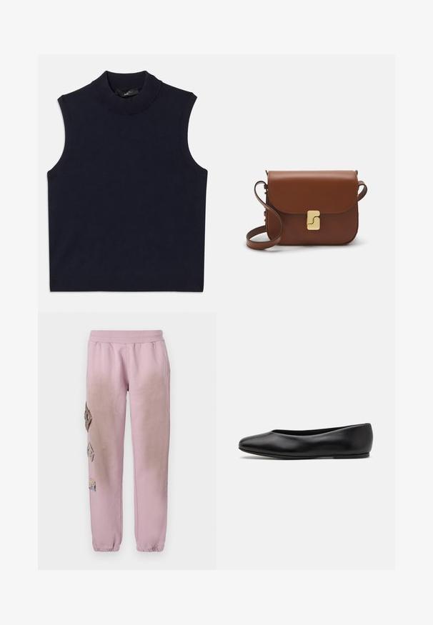 Marinefarbener ärmelloser Pullover mit hohem geripptem Kragen, glatter Struktur und geripptem Saum. Schlichtes, minimalistisches Design ohne Muster.; Rosa Sweatpants mit elastischem Bund, verziert mit dekorativen Patches in Diamantform auf der linken Seite und elastischen Bündchen an den Knöcheln.; Paul Smith TOPANGA - Klassischer Ballerina - black; Braune Ledertasche mit Klappenverschluss, Beschlägen in Goldfarbe, einem Schultergurt und einer glatten Oberfläche. Kompakte rechteckige Form.