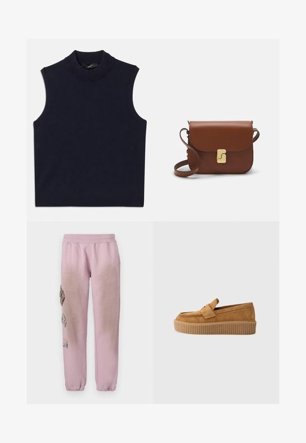 Navy sleeveless pullover sweater with a high ribbed collar, smooth texture, and ribbed hem. Simple, minimalistic design with no patterns.; Pink sweatpants with an elastic waistband, featuring decorative patches in diamond shapes on the left side and elastic cuffs at the ankles.; Brown suede loafer with a round toe, featuring a ribbed platform sole and a decorative strap across the upper.; Brown leather handbag with a flap closure, gold-tone hardware, a shoulder strap, and a smooth texture. Compact rectangular shape.