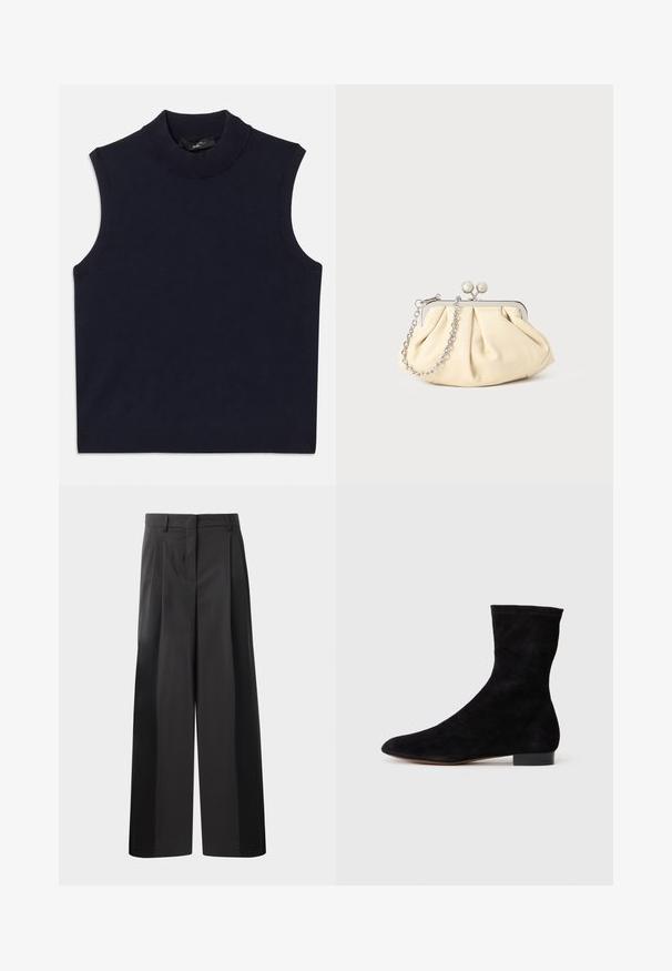Marineblauwe mouwloze trui met een hoge ribbelkraag, een gladde textuur en een ribbelzoom. Eenvoudig, minimalistisch ontwerp zonder patronen.; Zwarte wijde broek met hoge taille, met voorplooien, een gladde textuur en een nette afwerking. Ontworpen voor een ontspannen pasvorm.; Zwarte suède enkelboot met een aansluitende schacht, puntige neus en een lage blokhak. Gladde textuur en minimalistisch ontwerp, geschikt voor veelzijdige styling.; Geplooide beige leren clutch met een zilveren metalen frame, voorzien van twee ronde decoratieve sluitingen en een zilveren kettingriem.