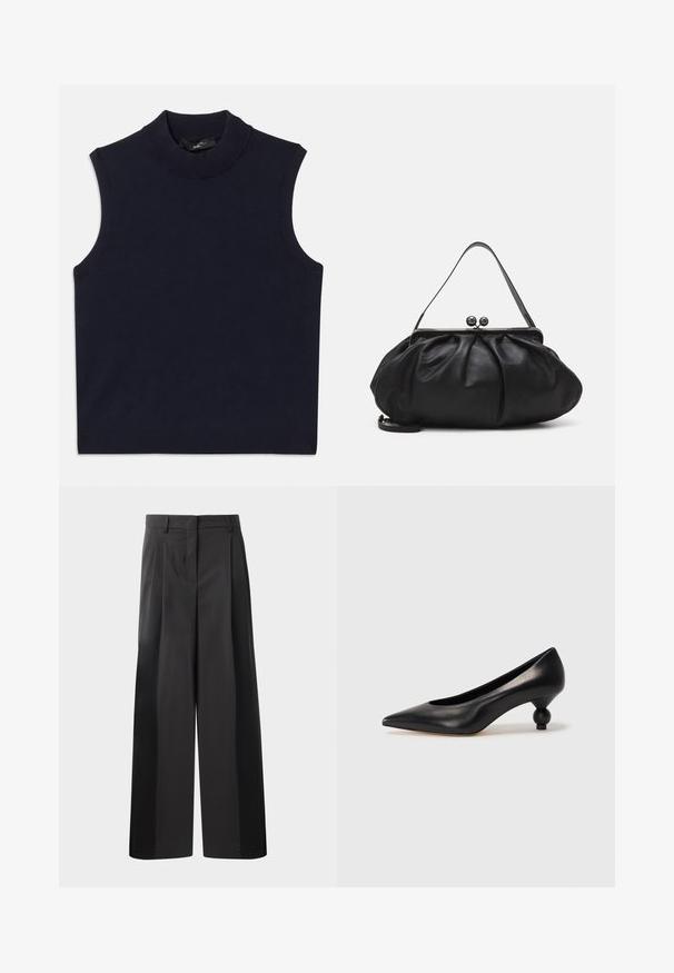 Navy sleeveless pullover sweater with a high ribbed collar, smooth texture, and ribbed hem. Simple, minimalistic design with no patterns.; Black wide-leg trousers with a high waist, featuring front pleats, a smooth texture, and a tailored finish. Designed for a relaxed fit.; Black leather high heel shoe with a pointed toe and a round, balled heel. Smooth texture with a sleek, minimal design.; Black leather handbag with a rounded, pleated design. Features a metallic clasp with two decorative balls and a slim, detachable strap.