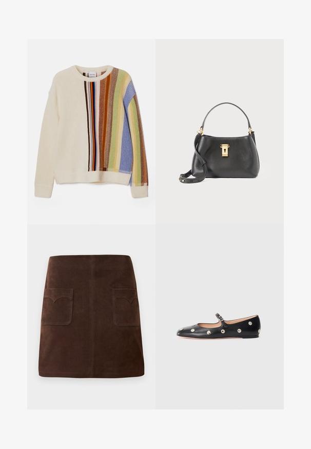 Knit pulover v kremni barvi z večbarvnimi vertikalnimi črtami v modri, zeleni, rjavi in rdeči barvi. Ima okroglo ovratnico in rebraste manšete.; Rjava nubukova krila, ki vsebujejo klasično A-linijo, dve sprednji žepi z zaobljenimi poklopci in subtilne šivane detajle.; Črne usnjene Mary Jane balerinke z zaobljenim noskom, opremljene z zlatimi krožnimi mošnjo in nastavljivim trakom z zaponko.; Črna usnjena torbica z teksturirano površino, ki ima zlati zaklep, kratek ročaj in snemljivi ramenski trak.